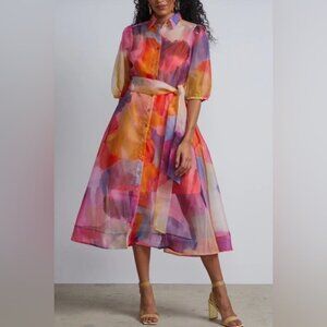 New York and Company Watercolor-Print Organza Maxi Shirtdress with pockets!